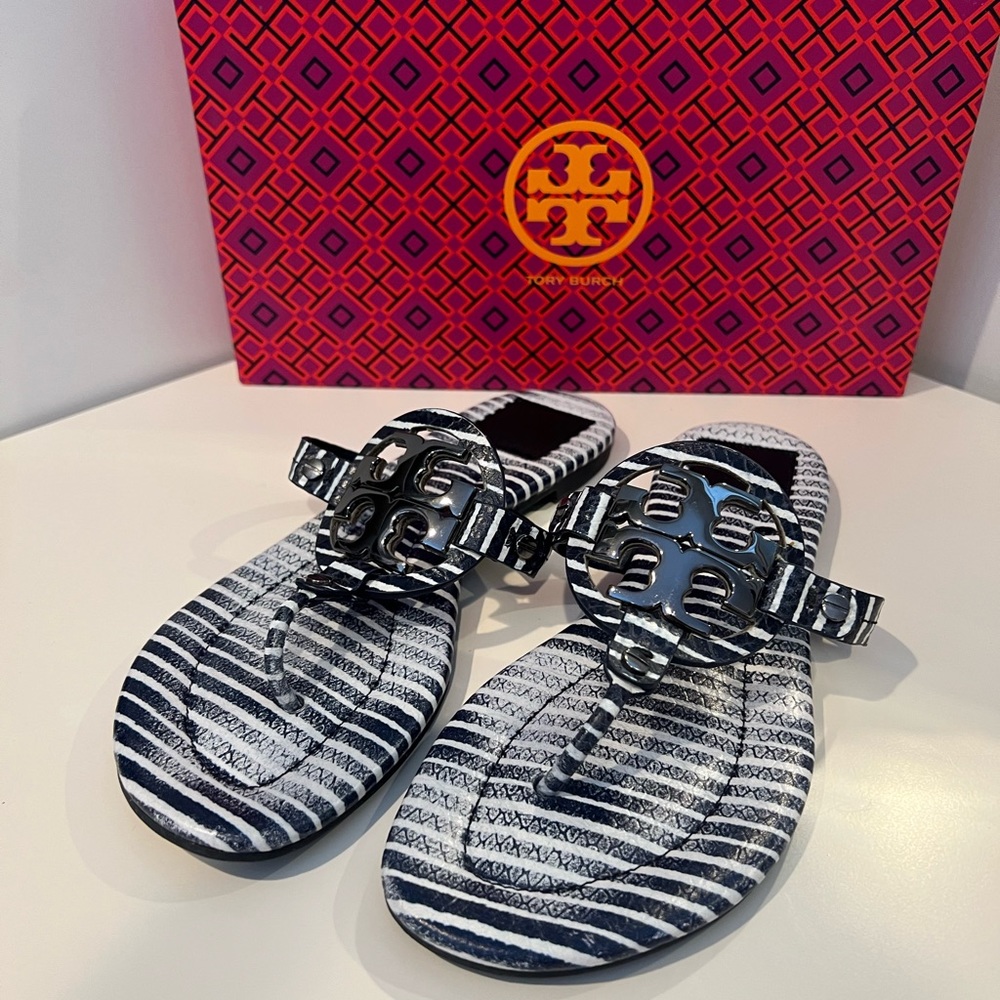 Tory Burch Miller sandals navy blue/white stripe with silver center logo.